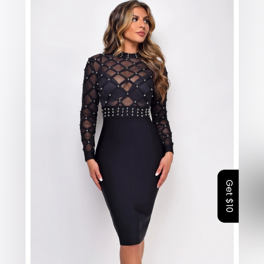 Emprada Kegan Black Studded Mesh High Neck Bandage Dress Size XL